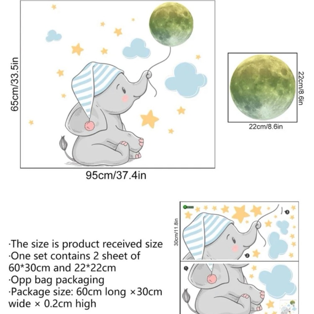 3pcs Elephant & Moon Print Wall Sticker & plant pattern sticker
